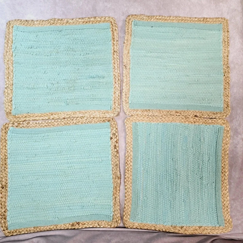 Set of 4 Placemats Seafoam Green Cotton Woven Centers Sisal Trim 15x15 Inch